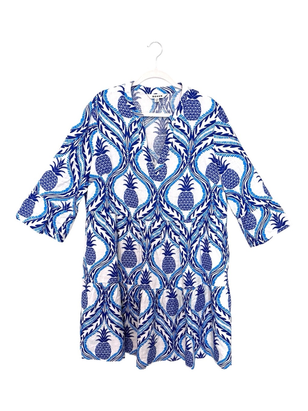 Boden Sophia Linen Short Blue & White Pineapple Dress Women’s 16-18 Coastal
